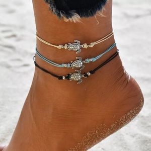 Turtle Adjustable Anklet Black Silver Color